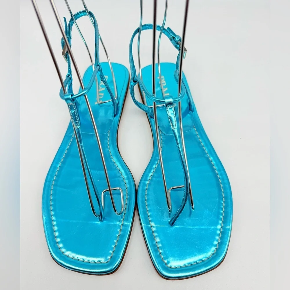 Prada Metallic Blue/ Turquoise patent leather T- strap Thong flat sandals EU 38 - Picture 3 of 9